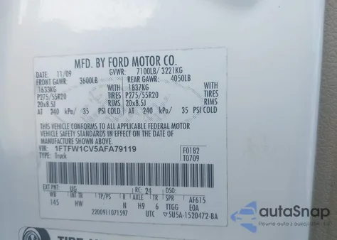 2010 Ford F-150 Fx2 Sport/Harley-Davidson/King Ranch/Lariat/Platinum/Xl/Xlt из США, поврежденный, VIN 1FTFW1CV5AFA79119